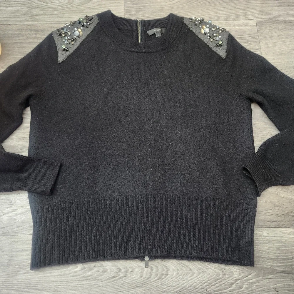 J. Crew Black Sweater Size S Merino Full Zip Back Embellish Shoulder Detail Crew